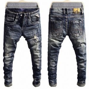 italienische Vintage Fi Männer Jeans Retro Schwarz Blau Stretch Slim Zerrissene Jeans Männer Stickerei Patched Designer Casual Denim Hosen p8Ik #