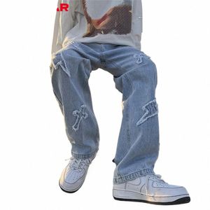 Korean High Street Loose Casual Pants Men's Brodered Cross Flare New Jeans Denim Forwomen Men Samma stycke Y2K Baggy Pants R2OT#