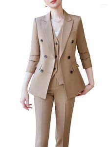 Kvinnors tvåbitar byxor Autumn Winter Women Vest Blazer och Pant Suit Black Khaki Office Ladies Work Career Wear Formal 3 Pieces