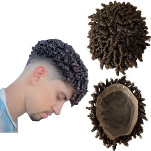 Sistemas de cabelo humano virgem brasileiro, cor de sobrancelha média 4 # espiral curvada 7x9 mono com peruca pu para homens negros