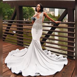 Designer Sier Prom Dress 2024 Blackgirl Rhinestone Veet African Women Gowns da tempo Vedi attraverso Vestidos de Festa