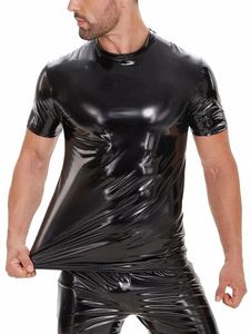s-5xl Shiny Faux PU Leather Short Sleeve Wet Look PVC T Shirt Men Hip Hop Tshirt Tights Sexy Hot Shapers Muscle Bodybuilding Top 78Sw#