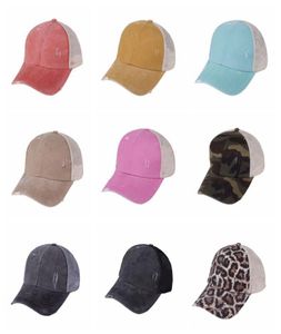 Ponytail Hats Snapbacks 9 Colors Washed Mesh Back Leopard Camo Hollow Messy Bun Baseball Cap Trucker Hat CYZ31536366636