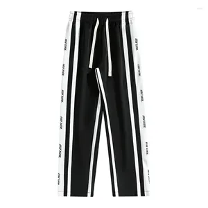 Men's Pants Spring Autumn Striped Letter Loose Pockets Contrast Elastic High Waist Wide Leg Casual Sports Trousers Office Lady