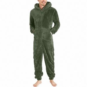 Novos homens flanela lg manga pijamas casual cor sólida zíper solto com capuz macacão pijamas casual inverno quente rompe 66Vj #