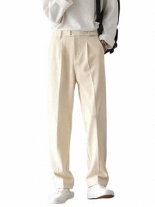 GMiixder Men's Casual Pants Spring Autumn Oversize Elegant Wide Leg Trousers Japanese Simple Solid Beige Straight Corduroy Pants E7k1#