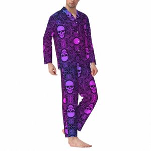 Abstract Skull Print Pyjamas Set Autumn Retro Halen varmt rum Sleepwear Par 2 stycken Casual överdimensionerad anpassad hemdräkt Y2ck#