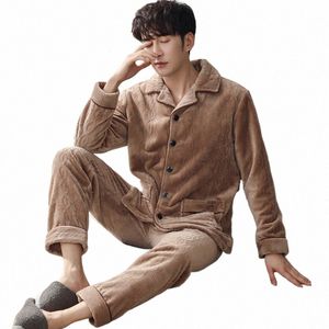 Jacquard Men Sleepwear Winter Warm Home Clothing NightGown Coral Fleece Thick Pajamas Suit with Punousers Lapel Loungewear p4ln＃