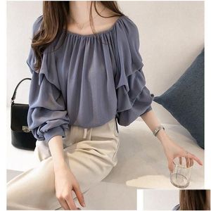 Womens Blouses Shirts Women Blouse Summer Boat Neck Shoder Chiffon Shirt Loose Bubble Top Blusas Mujer De Moda Drop Delivery Apparel C Otha6