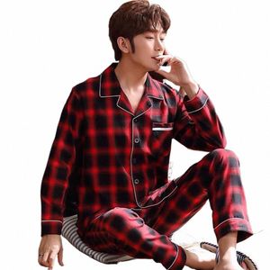 Primavera Outono Conjuntos de Pijama Terno de Malha Cott Casual Lg Manga Pijamas Xadrez Home Wear Plus Size Pijama Confortável Para Homens G87n #