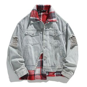 Hi Street Ripped Washed Denim Jackets 남자 힙합 격자 무늬 패치 워크 아웃복 청바지 코트 스트리트웨어 240319