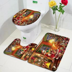 Paspaslar Noel Banyo Paspasları Setleri Noel Baba Ağacı Şömine Yağlı Boya Sanat Yeni Yıl Banyo Dekor Antislip Halı Tuvalet Kapak Mat