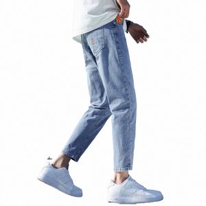 2024 New Men's Stretch Ankle Length Jeans Light blue Fi Casual Cott Slim Fit Denim Pants Korean Trousers Male Brand Cloth W19T#