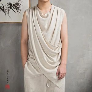Men Clothes Summer Retro Asymmetrical Chinese Style Cotton Linen Tank Tops Y2K Casual Black White Loose Sleeveless T Shirt Vest 240321