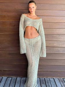 Yiiciovy Sexy Womens 2 Piece Crochet Hollow Out Swimsuit 2PCS Cover Up Off Shoulder Knit Crop Tops and Long Skirt Set Beachwear 240320