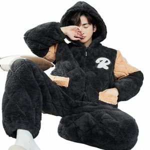 FI Plaid blixtlås Huven Sleepwear 3-skikt Super Thicken Coral Fleece Men's Winter Pyjamas Warm Soft Slee Pijama Hombre V3QU#