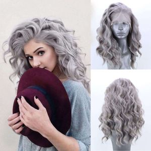 RONGDUOYI Short Lace Front Wigs for Women Glueless Body Wave Synthetic Heat Resistant Fiber Hair 12 Inch Free Part Sier Grey Bob Daily Use Cosplay Wig