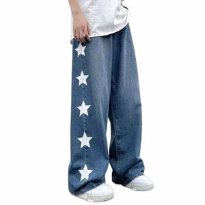 Män jeans brett ben rakt löst stjärna tryck full längd fast färgfickor rumpa blixtlås stängning mjuk retro streetwear män l y5gj#