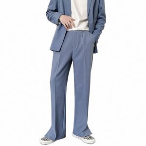 fi Men Blue Suit Pants Korean Style Casual Full Baggy Wide Leg Trousers Straight Ankle-length Pants Male Bottoms Streetwear 68Kj#