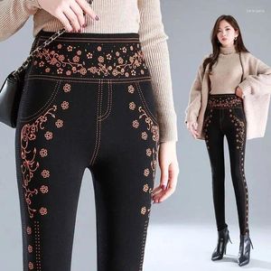 Women's Leggings Autumn Winter Women Elastic High Waist Elasticity Breathable Slim Fleece Warm Flowers Black Casual Trousers