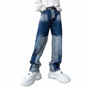 Net celebridade splice qua denim calças de brim homens streetwear fi casual hip hop calças jeans masculino solto calças jeans e23v #