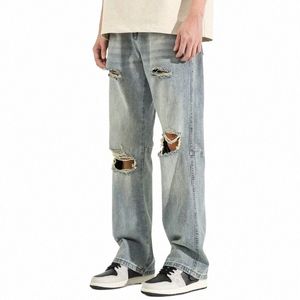 broken Hole Design Jeans Men Distred Vintage Straight Denim Pant Hip Hop High Street Cargo Blue Trousers New Spring Casual 0686#