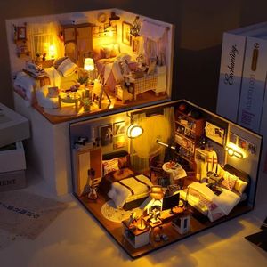 DIY Doll House Toy 3D Trähus Miniatyrdockan Toys With Furniture LED -lampor Färdig storlek 2117512CM 240321