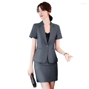 İki parçalı yaz tekli düğme gri blazer kadınlar etek ve ceket setleri ile Bsiness Suits bayanlar iş ofisi üniforma tarzı kısa