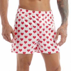 Boxers masculinos Shorts de Seda Pijamas Roupa Interior Coração Imprimir Bottoms Lounge Beach Shorts Leve Solto Sports Lounge Calças Quentes Q94L #