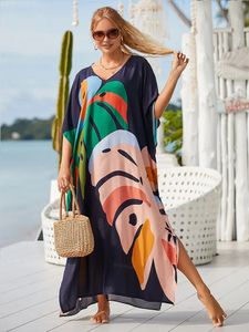 2024 Boho tryckt kaftan Sommarkläder Kvinnor Plus Size V-Neck Batwing Sleeve Beachwear Cover-ups Maxi Dress Robe Sarong Q1476 240315