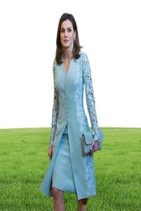 Elegancka długość kolanowa matka panny młodej garnitury Krótkie dwa kawałki Teal Blue Long Rleeves Groom Mother Sukienka na ślub Koronki UK A7079981