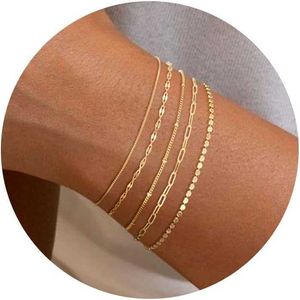 Guldarmband för kvinnor 14K Dainty Gold Plated Stackable Armband för kvinnor Trendiga guldarmband Stack Set Waterproof Chain Armband Papperklipp Justerbar tenni