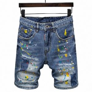 Verão Fi Homens Jeans de Alta Qualidade Retro Azul Elástico Estiramento Rasgado Jeans Curto Pintado Designer Hip Hop Denim Shorts Homens o1hN #