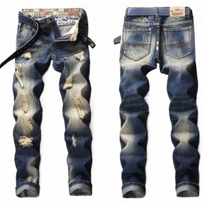 Denim Jeans Straight Scratches Fi Herrenhosen Luxus Vintage Loch Ruiniert LG Broken Fi Regular Fit Große Größe k2hz #