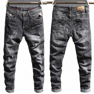 italiensk stil fi män jeans retro svart grå smal fit stretch rippade jeans män byxor vintage casual denim byxor hombre o0mp#