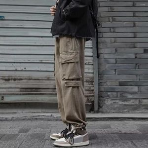 Mens Pants Functional Pocket Trousers Retro Streetwear Cargo with Multiple Pockets Crotch for Men Breathable Mid Waist Solid