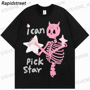 Męskie koszulki Męskie T-shirt duże hiphopowe hiphop Strtwear Funny Devil Horn Skusl Skeleton Graphic T Shirt Men Japońskie Tshirt Summer Tops Cotton T240325