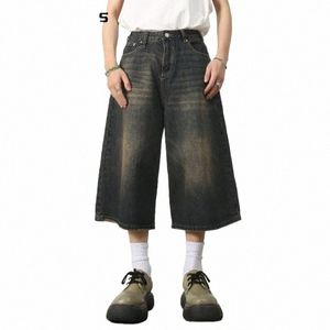 summer Harajuku Denim Wide Leg Knee Length Shorts Jeans Shorts Y2K Mens Vintage Versatile Streetwear Korean New Wed Fi w1w2#