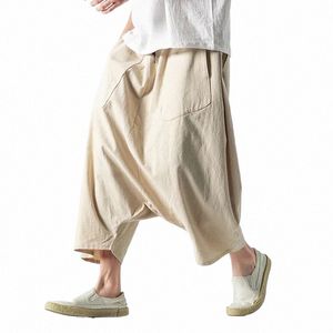 2023 Summer Men Plus Size Casual Harem Pants Vintage Loose Cott Linen Wide Leg Pants Men elastic midja Pantales Byxor F7NP#