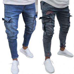 Jeans masculinos com bolsos Mens Stretch Denim Pant Distred Rasgado Freyed Slim Fit Pocket Jeans Calças Pantal Homme Y4mD #