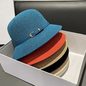 Wide Brim Hats Women's Hat Bucket Foldable Basin Vintage Straw Beach Summer Belt Buckle Small-brimmed Sunhat Sun Protection