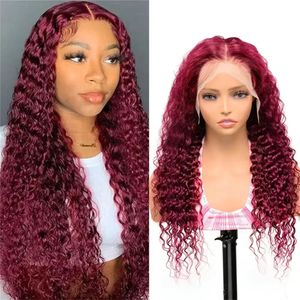 Brazilian 34-18 Inch HD Transparent Water Wave Lace Frontal Wig 99J Burgundy Deep Wave 13x4 Lace Front Curly Human Hair Wigs
