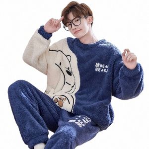 winter Korean Men Pajamas Sets Adult Sleepwear Home Clothes Thicken Soft Pijama Suit Loungewear Loose Bear Male Pyjama Clothing R6UV#