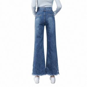 Freies Schiff 2021 Frauen Frühling und Herbst Neue Gerade Gedruckte Jeans Hohe Taille Drape und Große Größe Breite Bein lässig Hosen Z7hs #