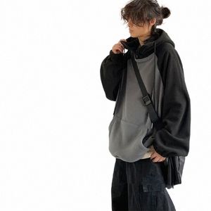 mens Autumn Japanese Two-piece Set Harajuku Color Block Hoodie+American Drawstring Cargo Pants Set Street Trend Unisex Suit H5gW#