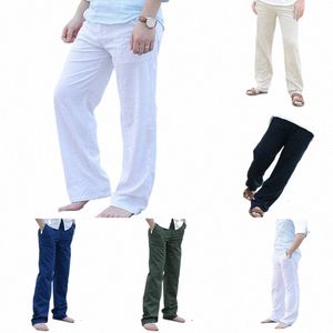 men Cott Linen Wed Leg Trousers Summer Casual Comfortable Thai Fisherman Loose Lg Pants White Black Solid Autumn M-3XL a2Gv#