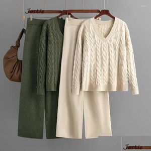 Frauen Zweiteilige Hosen 2024 Herbst und Winter Mode Wide-Leg-Pullover Frauen Anzug V-Ausschnitt Strickoberteil Lange Hosen Zweiteiliges Set Drop Ot9O8