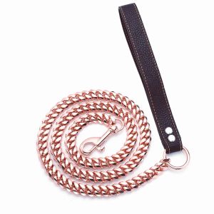 Leashes 3ft/4ft/5ft 10mm 14mm Rose Gold Tone 316L Stainless Steel Curb Cuban Link Chain Dog Leash Pet Chain for Dogs