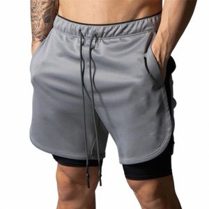 Preto Running Sport Shorts Men Jogging 2 em 1 Bermuda Gym Fitn Training Masculino Verão Quick Dry Dupla Camada Praia Calças Curtas W1NQ #