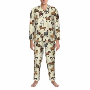 sunset Horse Pajama Sets Autumn Cool Animal Print Lovely Daily Sleepwear Men 2 Pieces Vintage Oversized Graphic Nightwear Gift 640u#